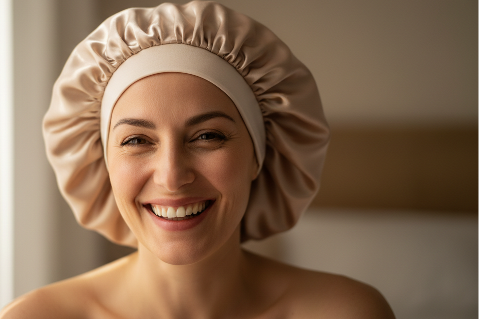 une femme européenne et heureuse, avec les cheveux dans le bonnet